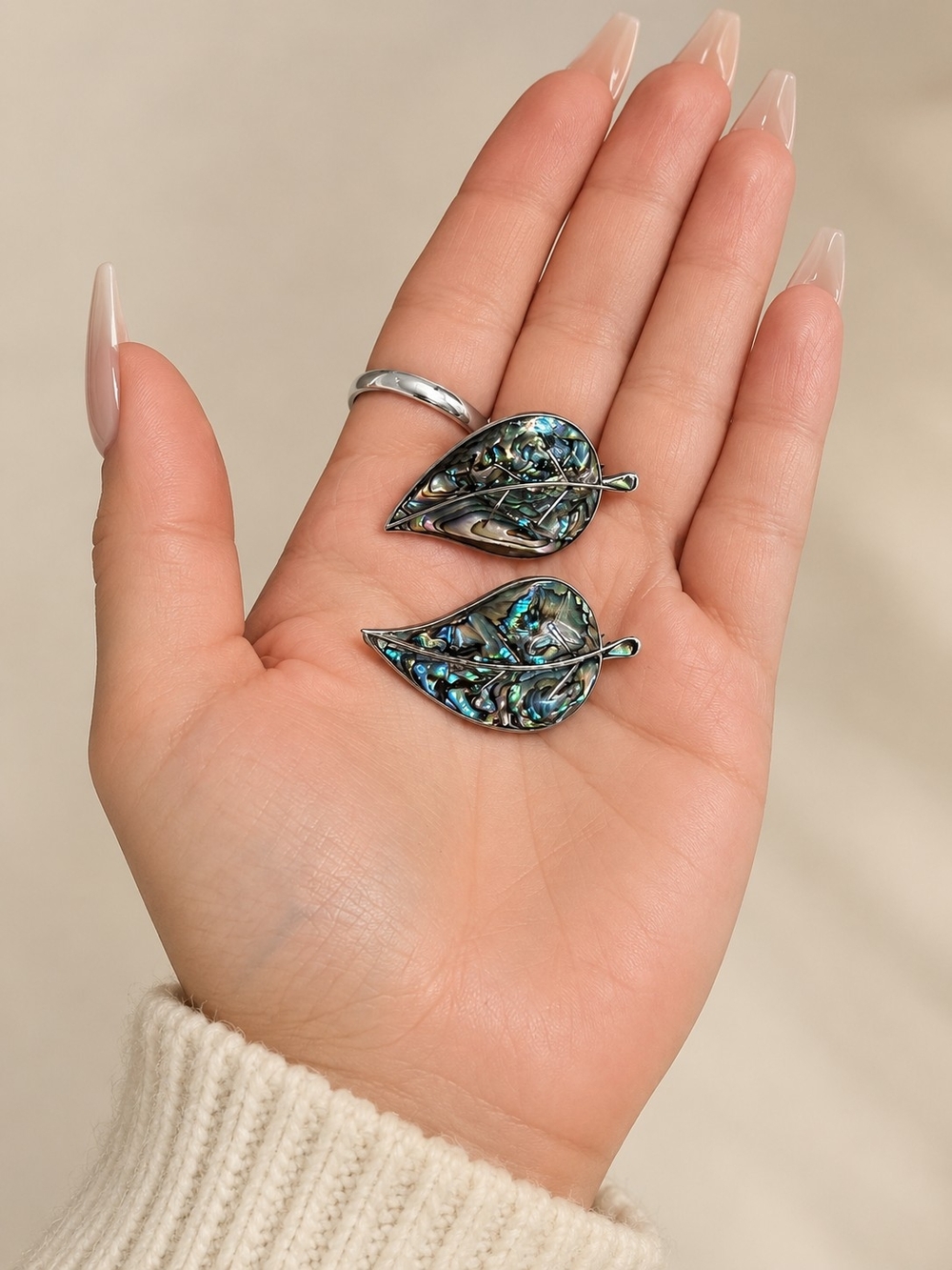 Vintage Taxco Mexico 925 Sterling Silver Abalone Leaf Earrings